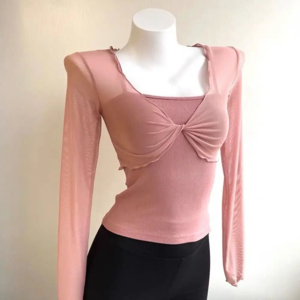 

Simple Ruffle Mesh Knot Cardigan See Through Long Sleeve Sun Protection Tops Korean Short Transparent Cardigan Streetwear