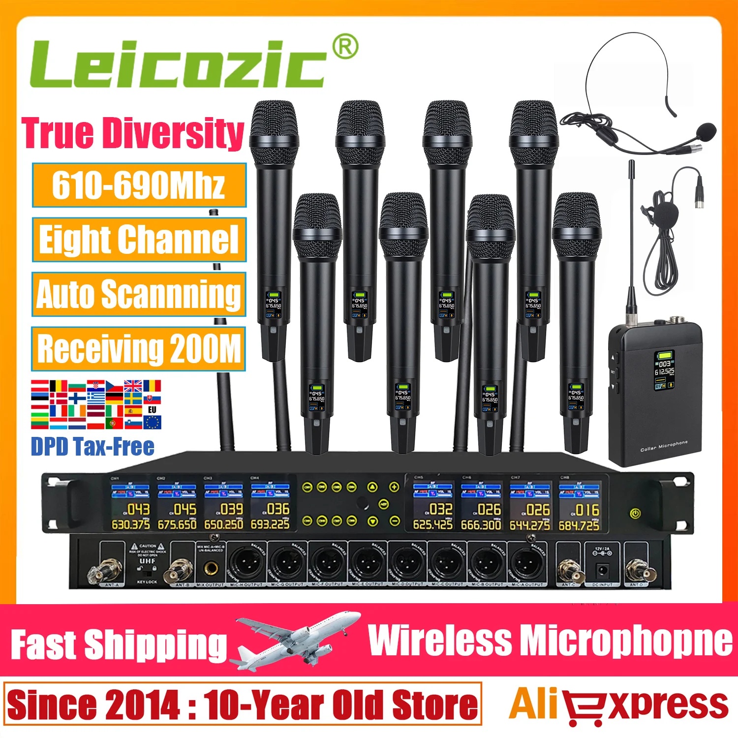 

Leicozic 8-канальный профессиональный беспроводной микрофон True Diveristy с зарядкой типа C, хороший звук, низкий уровень шума для выступления на сцене