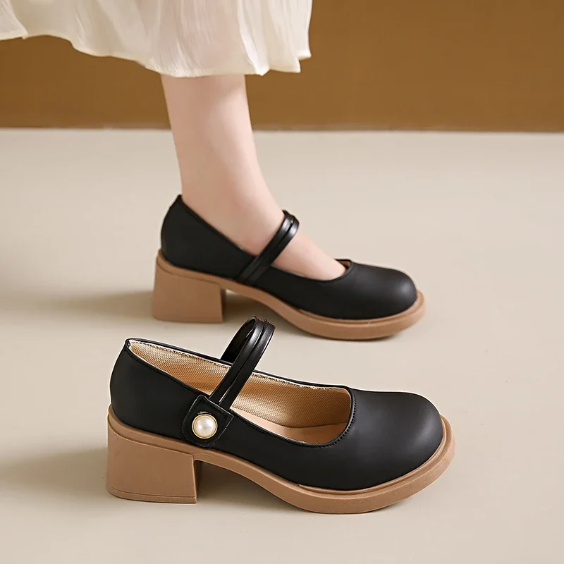 Platform Heels Women 2024 Korean Fashion Mary Jane Shoes Solid Simple Women's Pumps Comfortable Thick Heel Lady Single Shoes