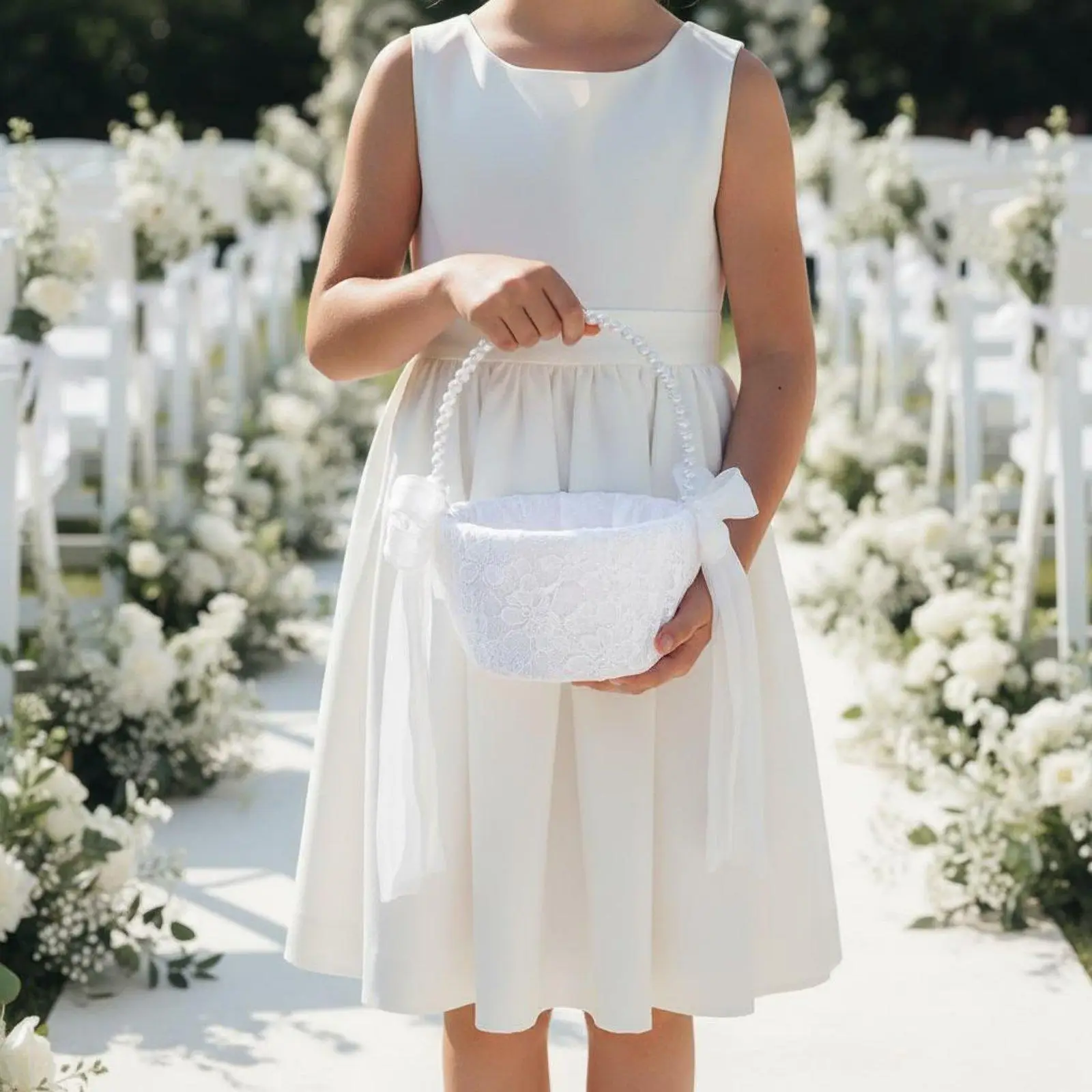 Decorative White Veiled Basket with Bowknot Ribbon Flower Girl Basket Wedding Event Accessory for Ceremony