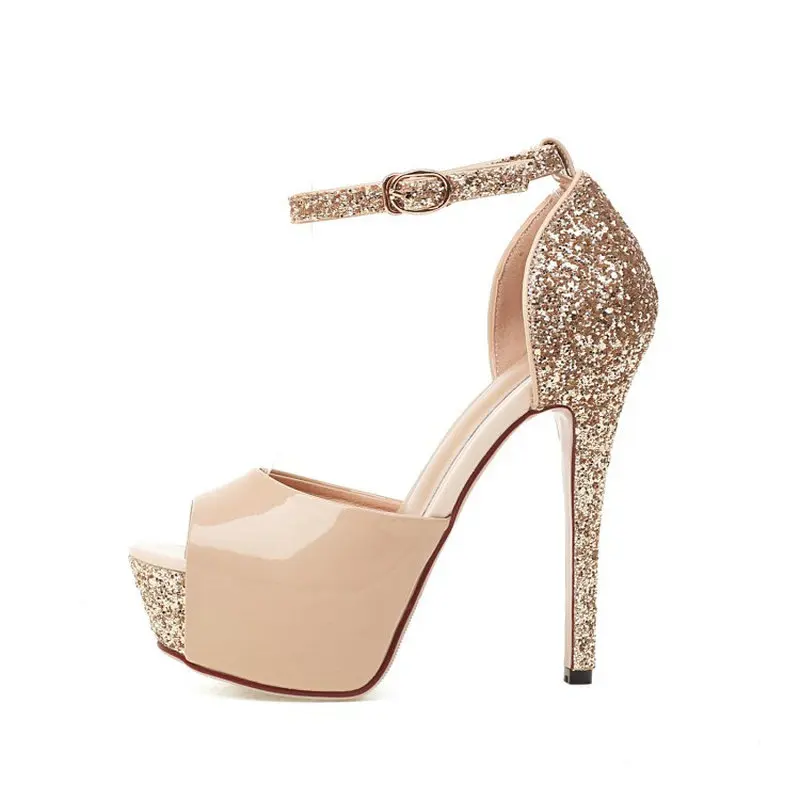 Summer Patent Leather Nude Sequin Fabric Glitter Party Wedding Ladies Sexy Thin High Heels Peep Toe Women Platform Sandals