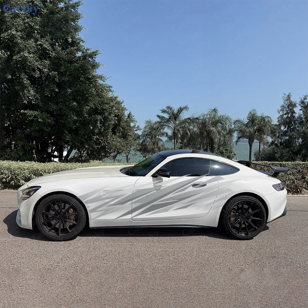 2pcs White grey gradient geometry Car Body Side Stickers, Automotive Door Side Graphics for Cars, Car Decoration Accessory