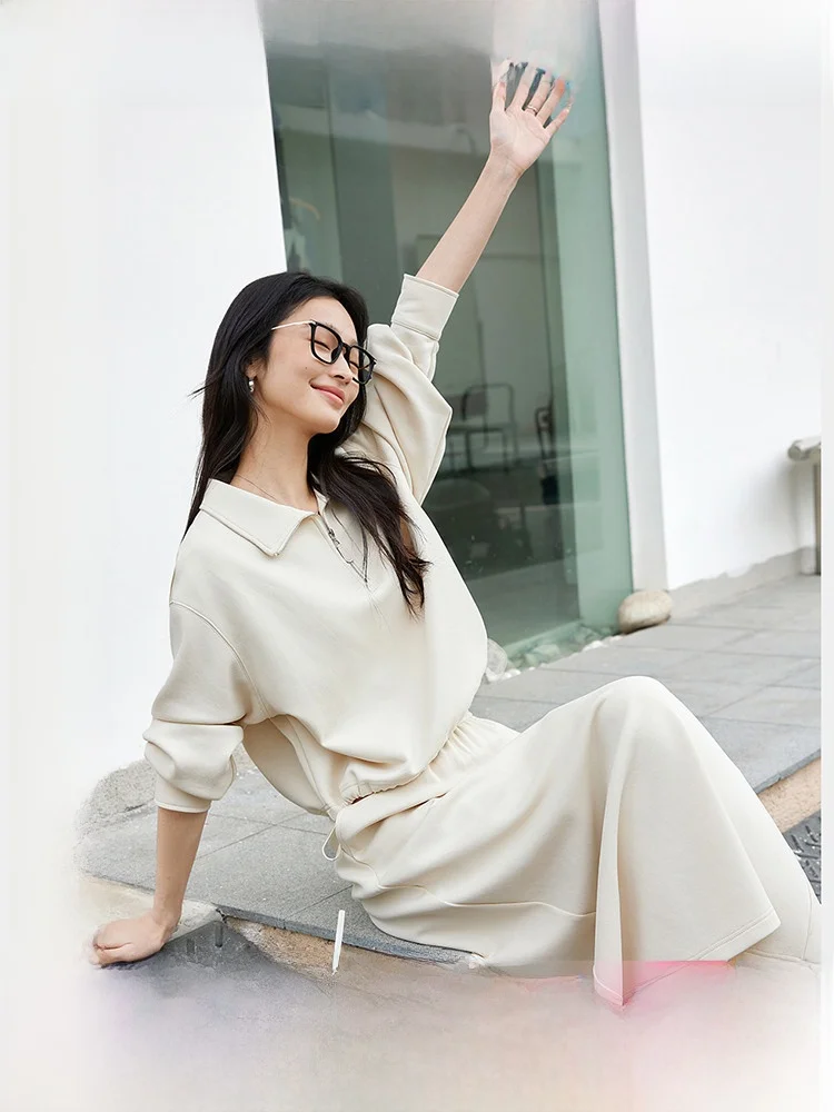 

Модный комплект из двух предметов Ele Fashionable: женский свитшот и брюки, весна-осень 2026, приталенный крой, премиум-качество, хлопок, длинный рукав