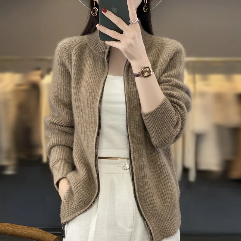 100% Pure Wool Zipper Cardigan Padded Shoulder Stand Collar Women\'s Cashmere Knitted Coat New Lapel Sweater