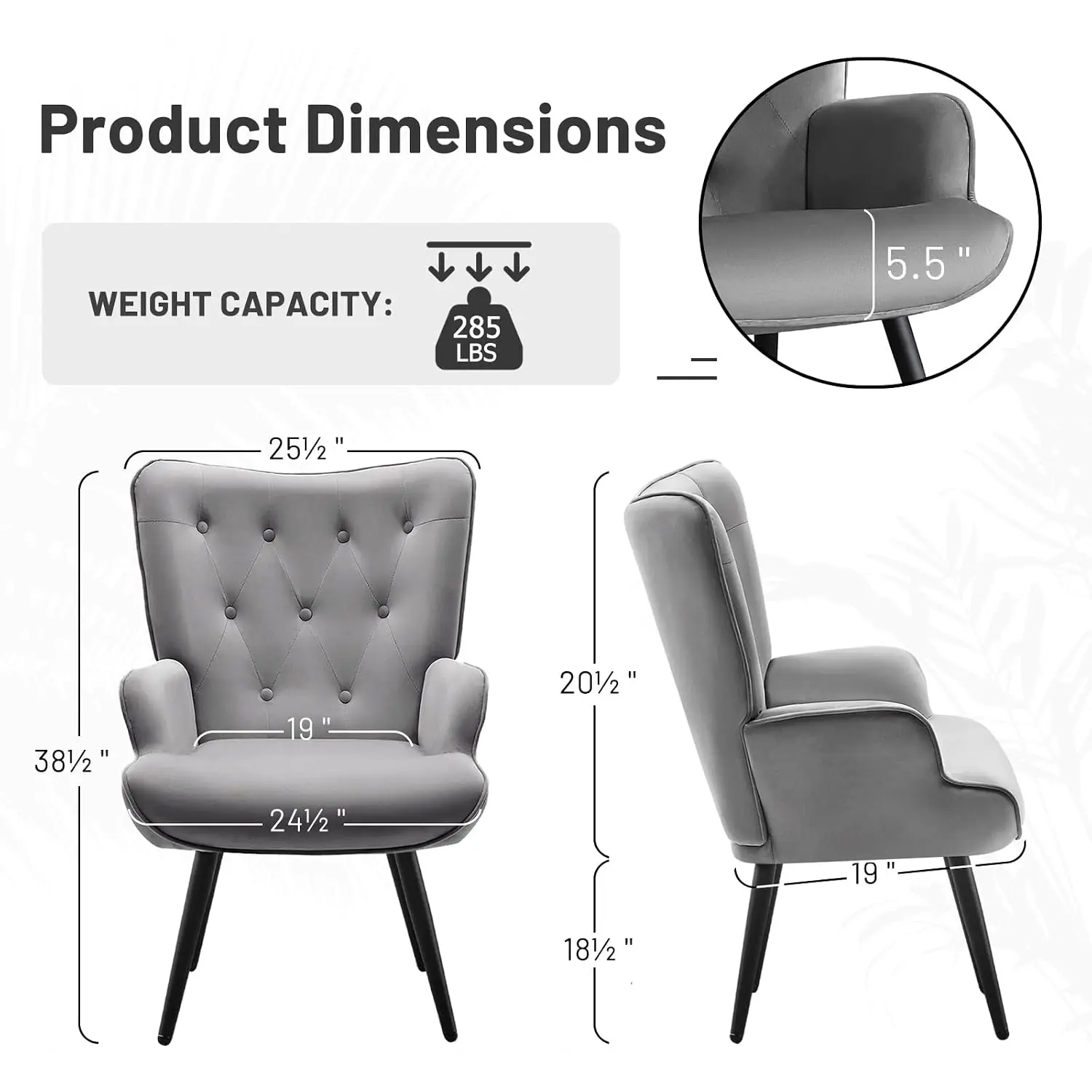 Velvet Wingback Armchair Tufted Upholstered Lounge Chair with Tapered Legs for Living Room Bedroom Office, Grey, Customized
