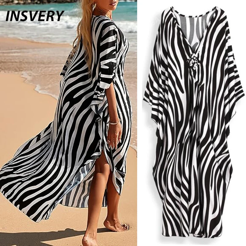 

Summer Swimsuit Cover Up Plus Size Dress Boho Beach Holiday Long Cardigan Women Vintage Printed Long Sleeve Beachwear Robes