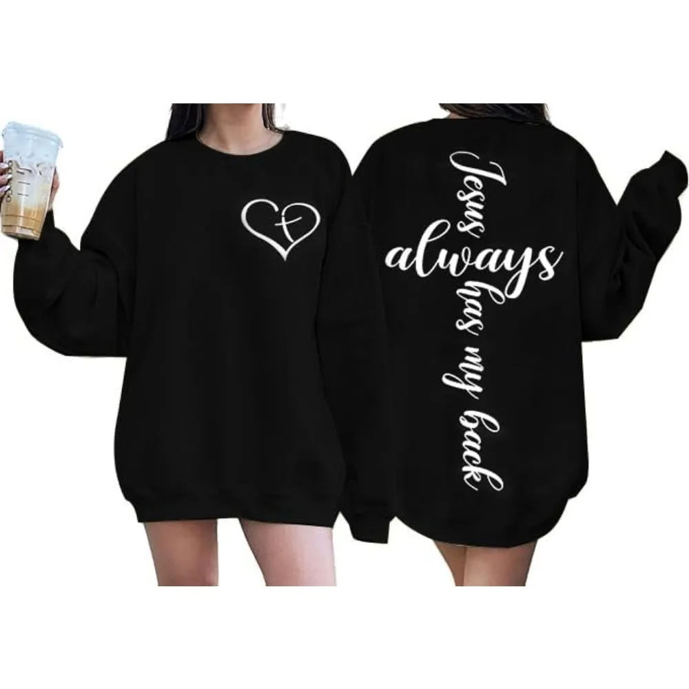 MNLYBABY Jesus Christian Sweatshirt Womens Jesus Always Has My Back Religious Shirts Inspirational Long Sleeve Pullovers Tops