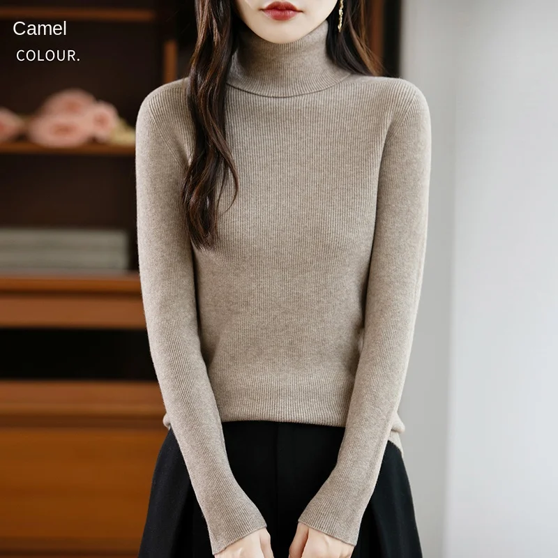 

2025 Autumn/Winter New Knitted Sweater High Collar Slim Fit Korean Edition Fashion Women's Long Sleeve Warm Casual 22 Color Top