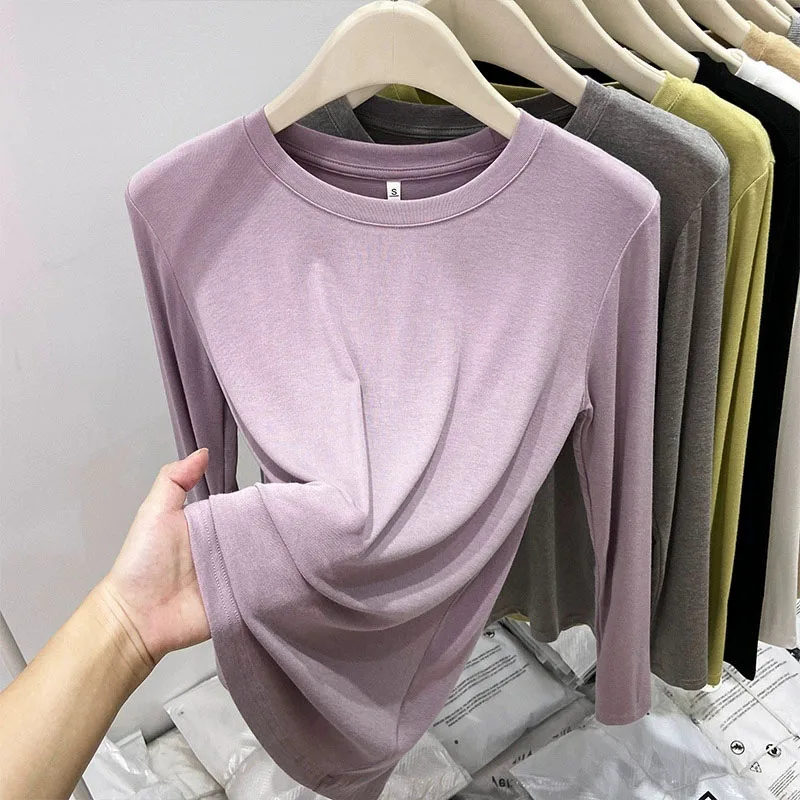 Damen-T-Shirt mit Rundhalsausschnitt und langen Ärmeln, einfarbig, lässig, weich, dehnbar, locker sitzend, Basic-T-Shirts für den Alltag, Herbst, neue Basisschicht-Oberteile