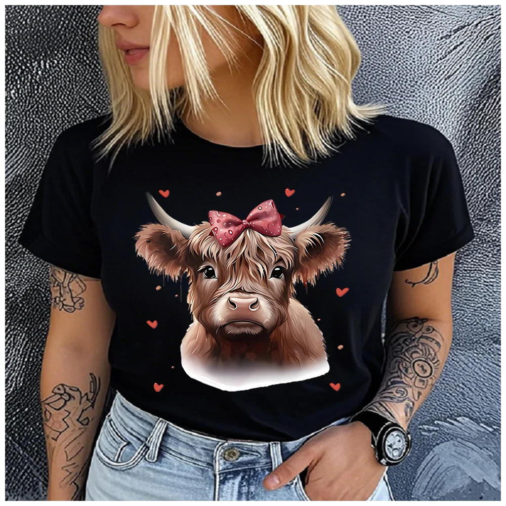 Women's Cotton 100% Belted Cow Print Base T-shirt Loose round Neck Casual Short Sleeve Fashion Top Wholesale Clothing Summer