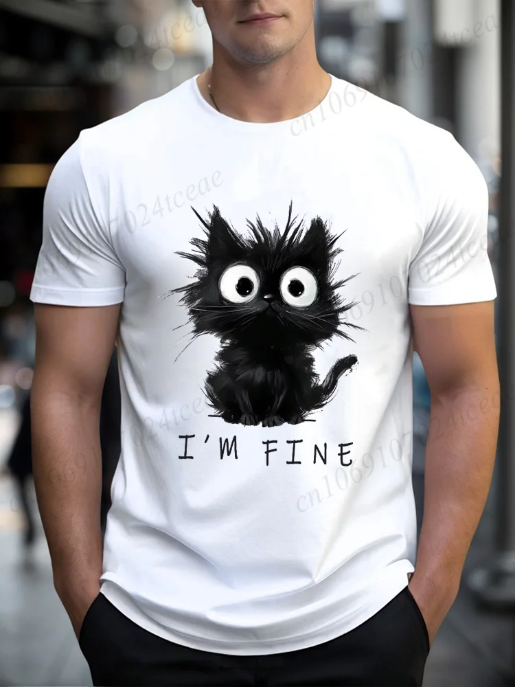 I'm Fine Black Cat Deisgn Men's T-shirt Casual Funny Cute Cat Pattern Graphic Print Men Tops Men Short Sleeve Male Tee Shirts