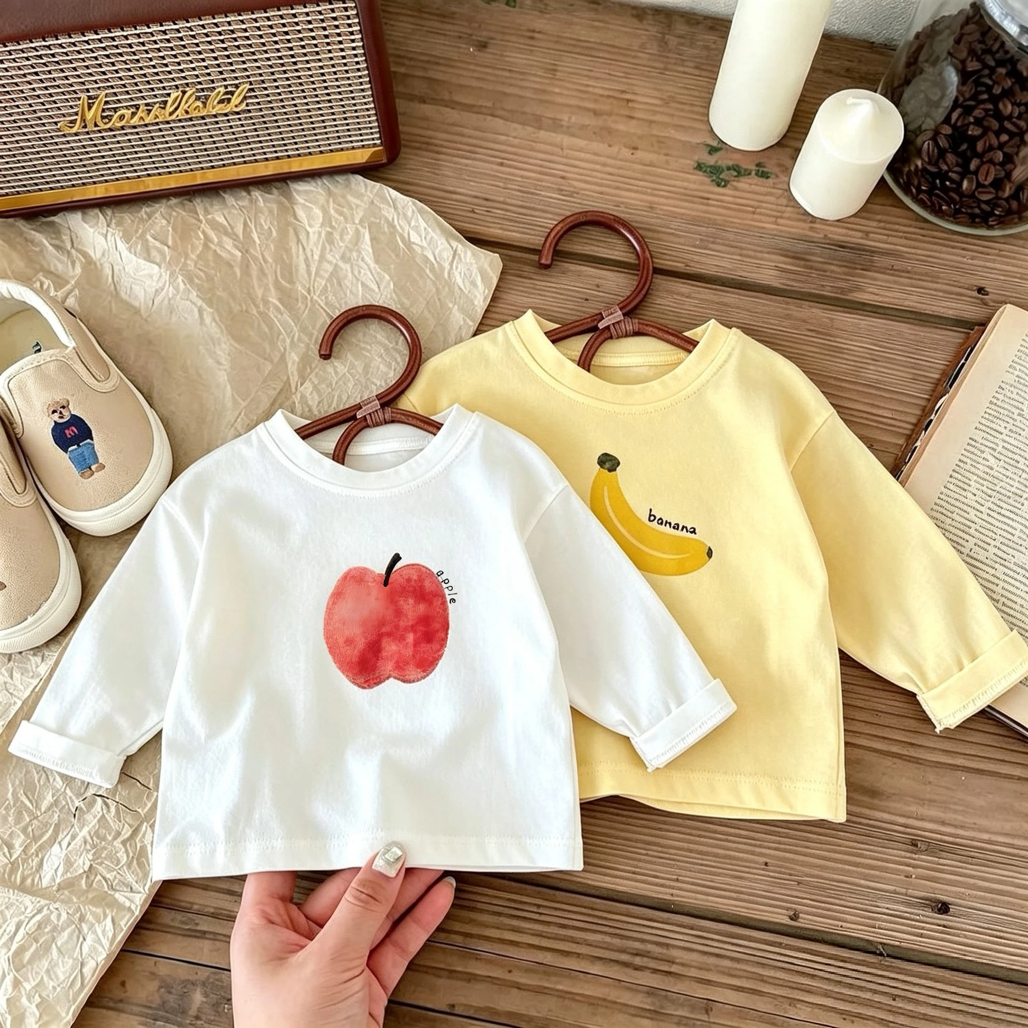 Popular Design Children Clothes New Style Long Sleeve Tshirts Tops Printed Fruit Simple Casual Kids Base Shirt Crewneck Blouse