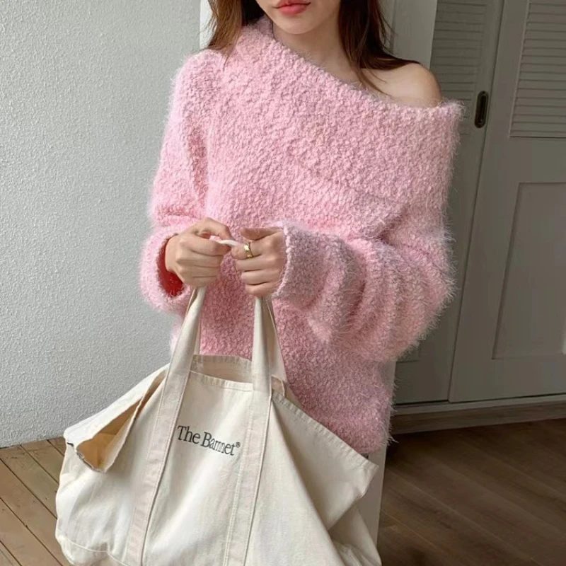 Korean Fashion Lazy Style Sexy Chic One-shoulder Pullover Sweater Autumn Winter Sweet Elegant Strapless Imitation Mink Kint Tops