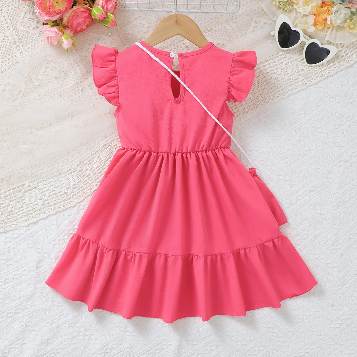 Girl Child Dress Embroidered Small Flower Flying Sleeve Dress+Small Bag 2Pcs Suitable 1-6 Years Girl Child Summer Fashion Dress