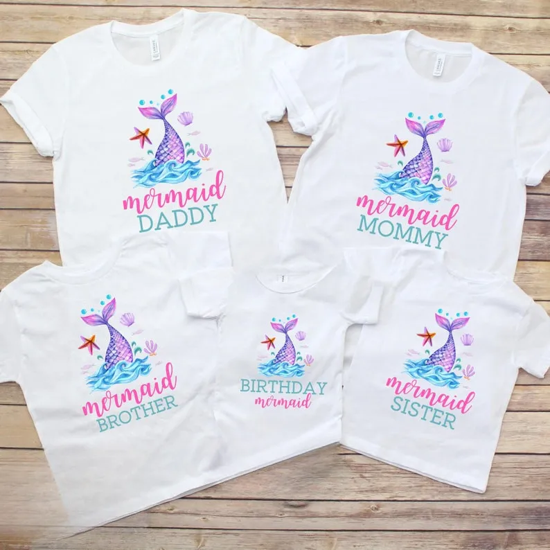 Mermaid Family Shirts, Mermaid Girl Birthday Party Mer Mom Dad Security  Sea Matching Custom Personalized Tee, Mermaid Squad