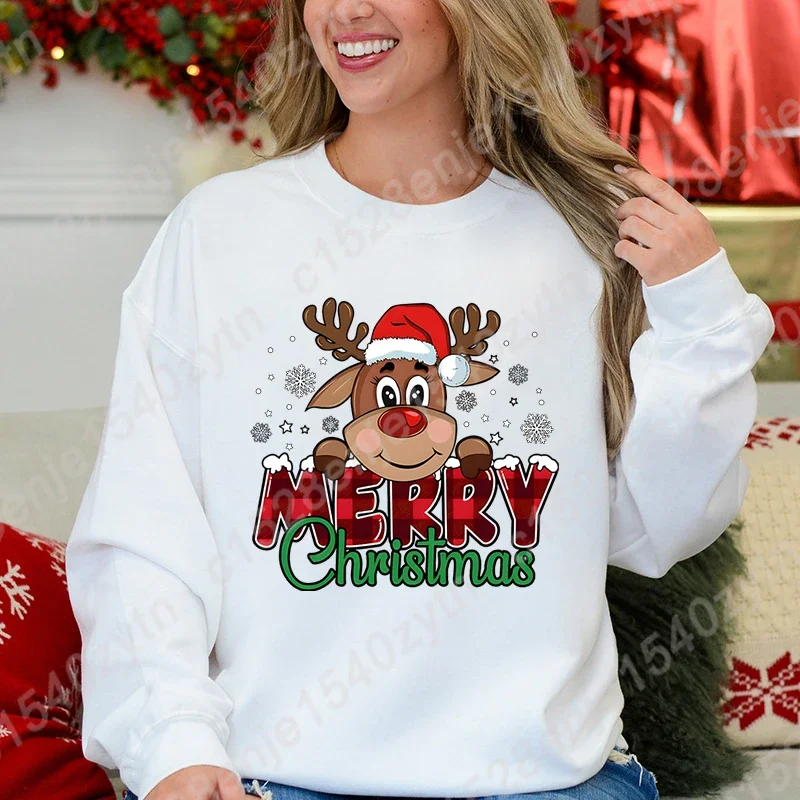 Women's Festive Christmas Reindeer & Plaid Graphic Sweatshirt Casual Loose Fit Long Sleeve Crew Neck Sweatshirts for Winter