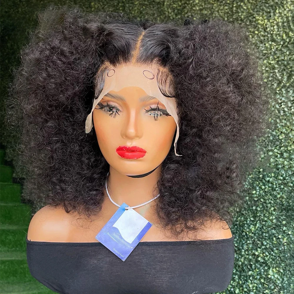 

Soft Natural Black Glueless 180Density Short Bob Kinky Curly Deep Lace Front Wig For Women With Baby Hair Preplucked Daily