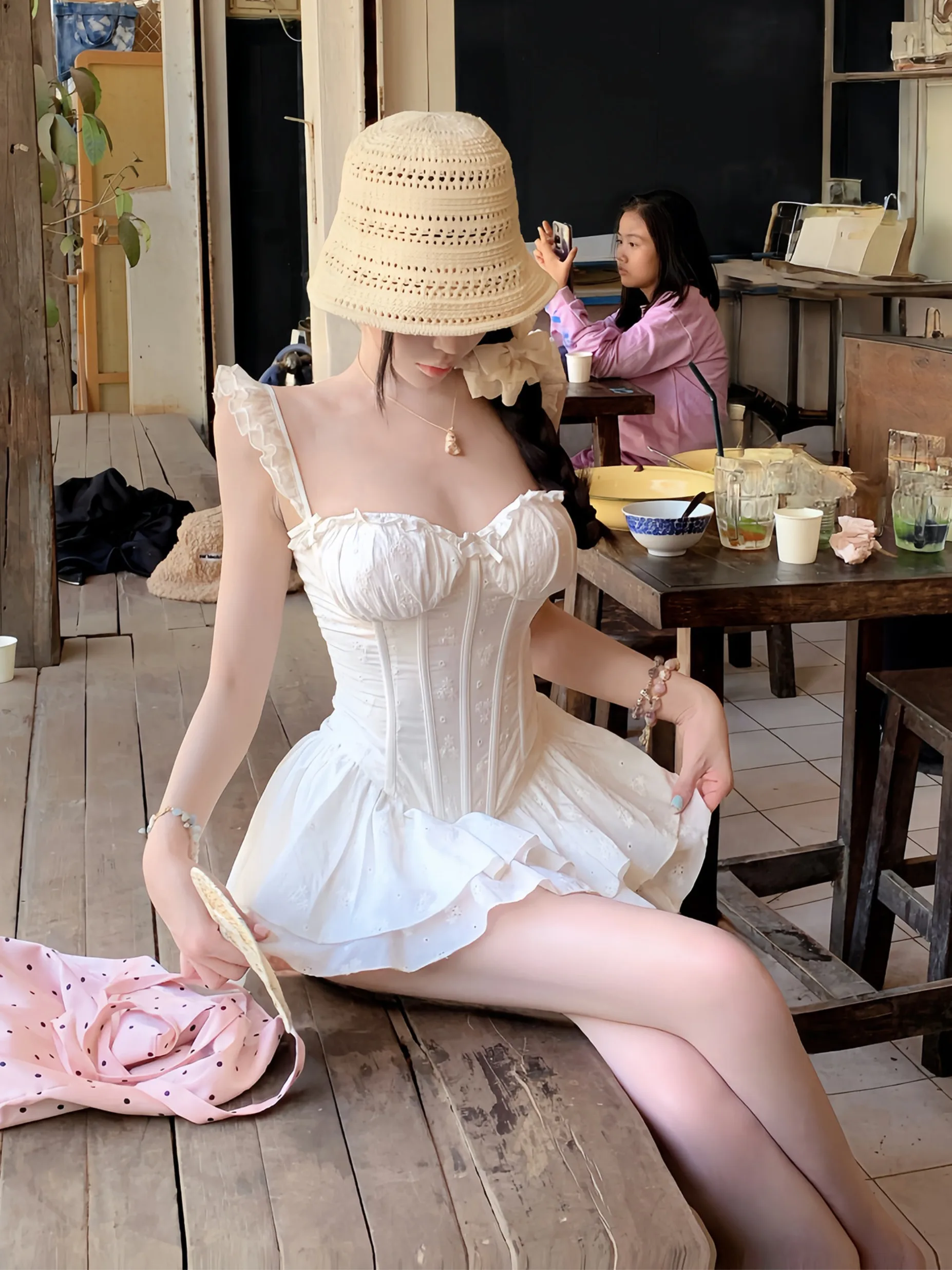 

Sexy Spicy Girl Pure Desire Style Summer New Fishbone Bralette Top Cake Skirt Two Piece Set Women's Fashion Ensemble