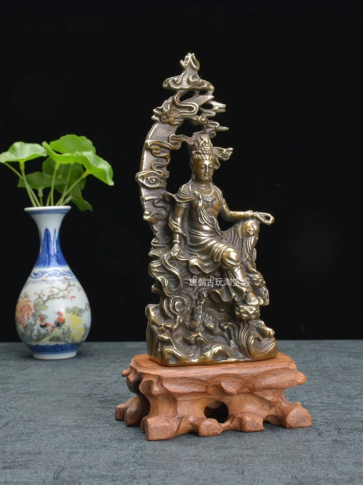 Water Moon Bronze Buddha Statue Ornament, Zizai Guanyin, Vintage Chinese Classical Bodhisattva for Worship i