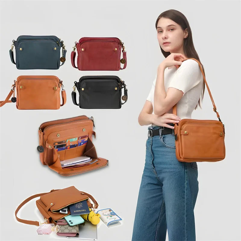 Hot Sale Women Crossbody Bags Three Layers Leather Shoulder Handbag Retro Fashion Purse Multi Pocket Female Clutch Bag