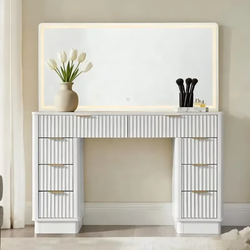 Modern Home Furniture Fluted Dressing Table Set Tempered Glass Top LED Lighted Mirror Soft-Close Drawers Ample Storage Vanity