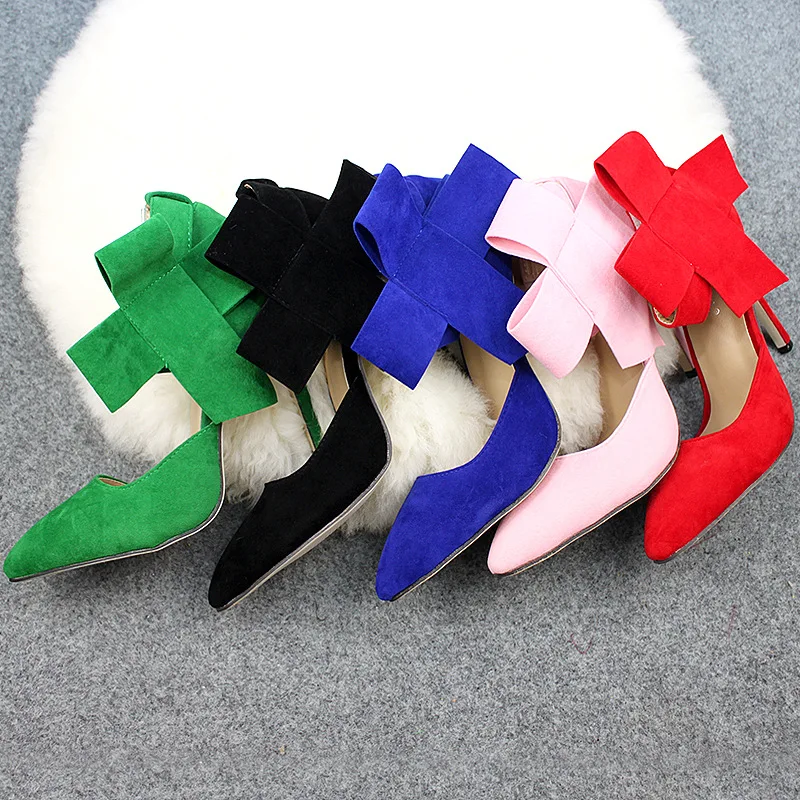 Décolleté da donna con tacco a farfalla grande con nodo a farfalla autunno punta a punta solido floccato tacchi a spillo tacchi alti scarpe da sposa