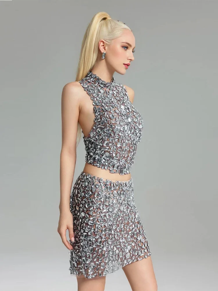 Sparkly Crystals Top Backless Short Skirt Two Pieces Sexy Mesh Transparent Celebrate Evening Prom Birthday Dress Show Stage Wear