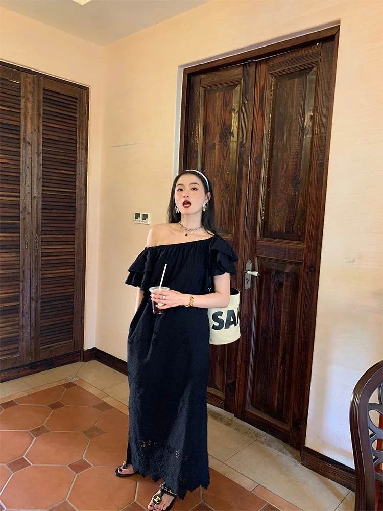 

Black Lace One-Shoulder Dress Women's Design Sensation Long Dress Korean Style High Waist A-Line Skirt Breathable Cotton Shor...