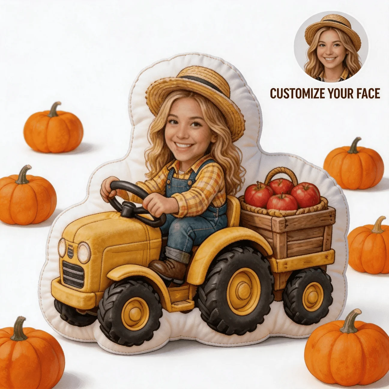 Custom Personalized Photo Face Pillow, Farmer Style Tractor Ride Custom Shaped Decorative Cushion, 70CM Home Decor Accent Pillow