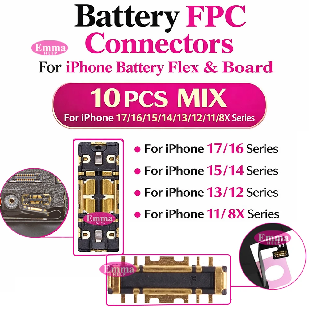 10Pcs Battery FPC Connector for iPhone 17 16 15 14 13 12 11 Pro Max X 8 Plus Battery Terminal on Motherboard Logic Board & Flex
