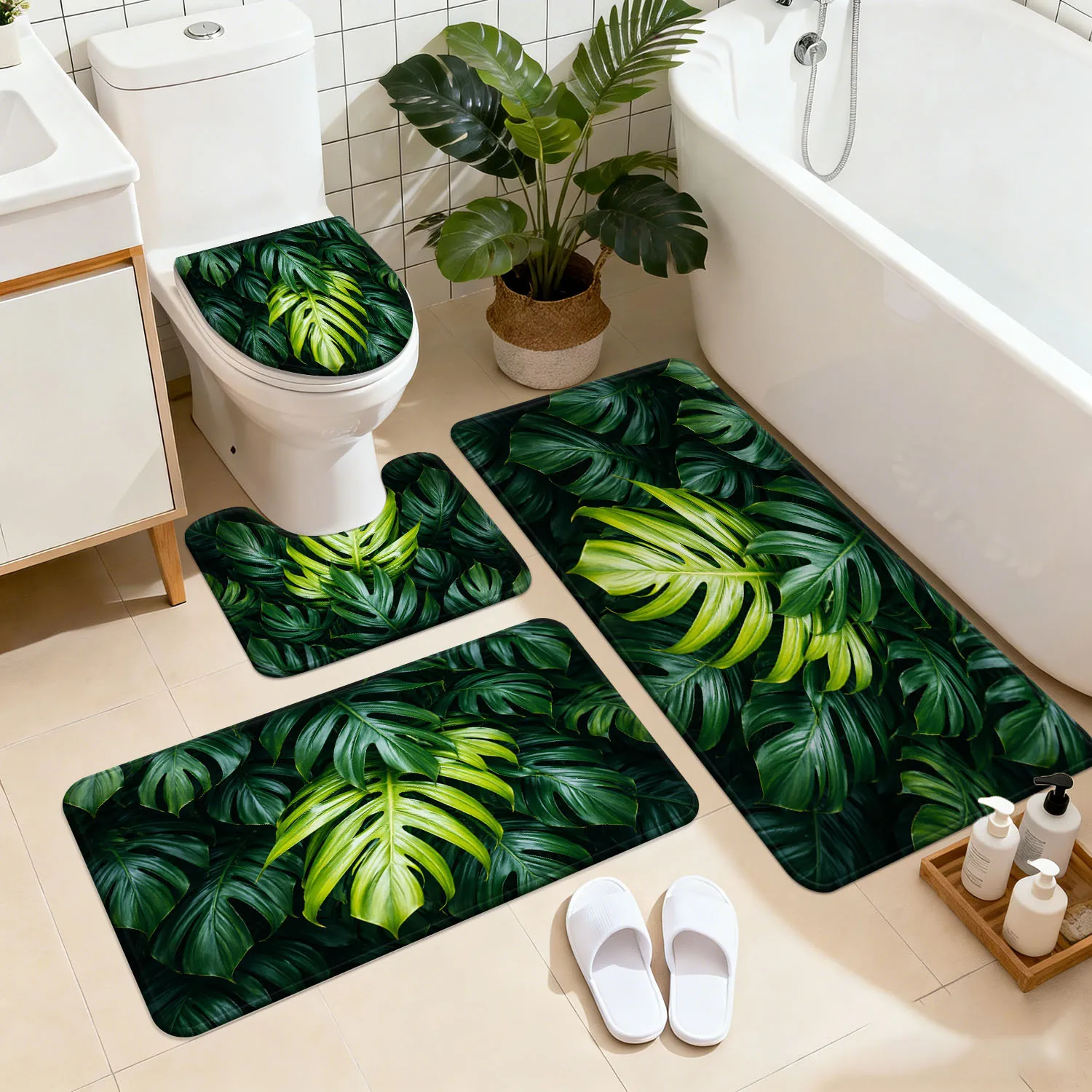 Tropical Leaf Bathroom Mat Set 3 Piece Set for Bath and Toilet Area Home Decor Luxury Green Design