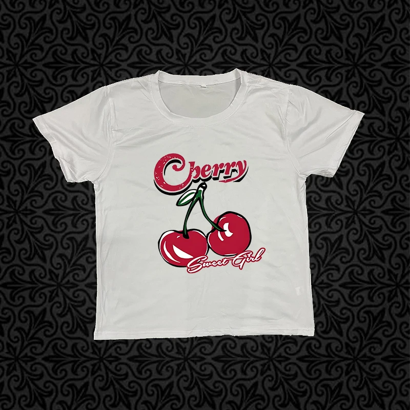 Gothic Harajuku Aesthetics Punk T-Shirts Y2k Creative Cherry Pattern Printing Tee Women Sexy Streetwear 2000s Emo Girls Crop Top