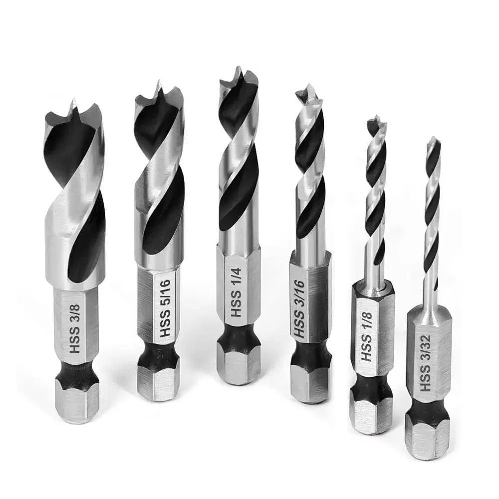 

5/6Pcs Set Hex Shank Three-point Woodworking Wood Quick Change Hex Shank Electric Drill Power Tool 3/32 1/8 3/16 1/4 5/16 3/8