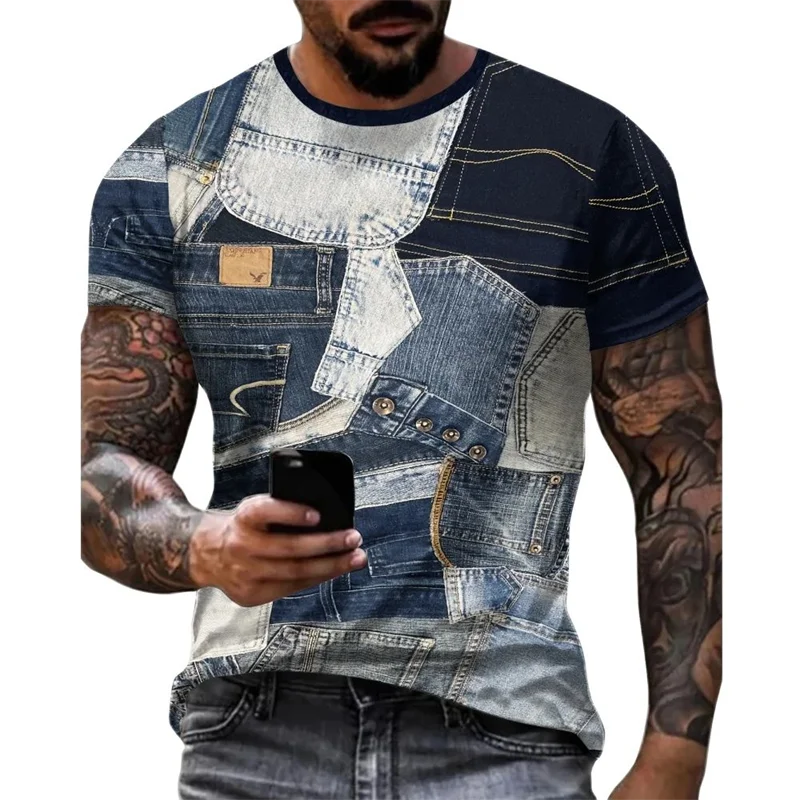 Vintage Patchwork Denim Graphic T-shirts Summer Fashion Short Sleeve Trend Streetwear 3D Printed T Shirts Casual Loose Mens Tees