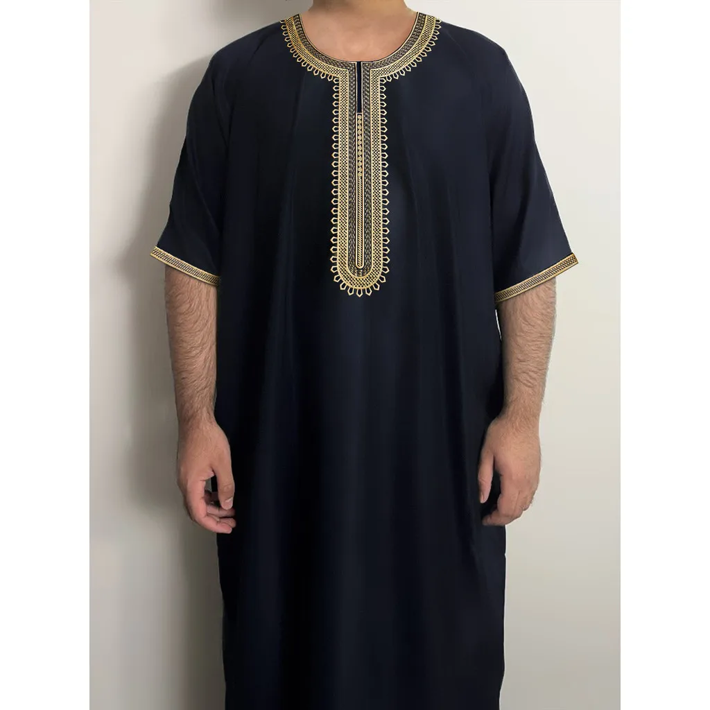 2025 muzułmańskie szaty z krótkim rękawem środkowy rękaw haft w stylu etnicznym bliski wschód marokańska męska szata boczna kieszeń