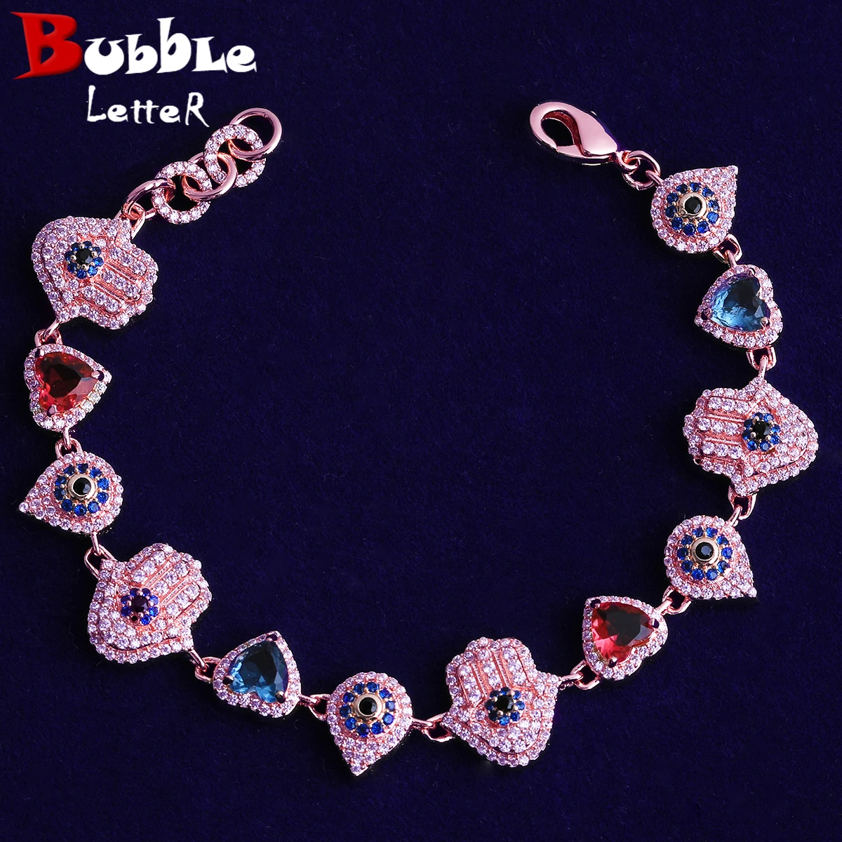 

Bubble Letter Iced Out Hamsa Hand Heart Eye Bracelet for Women Real Gold Plated Cubic Zirconia Hip Hop Jewelry
