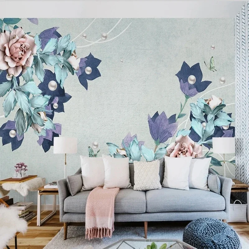 Custom 3D Photo European Jewelry Blue Flowers Mural Non-woven Straw Texture Wallpaper Bedroom Living Room TV Backdrop Wall