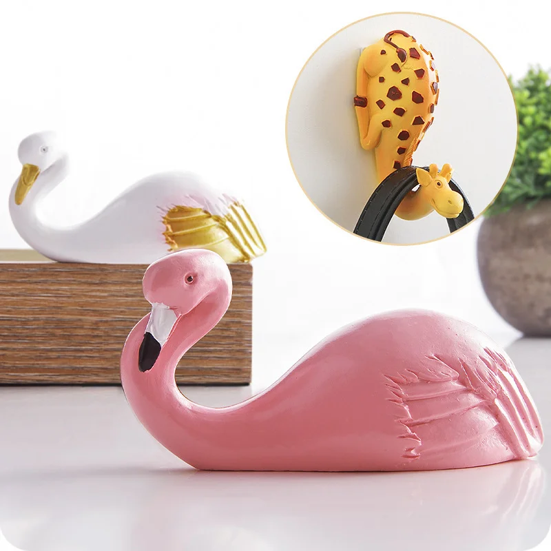 Kawaii Flamingo Hanging Wall Hook Resin Cartoon Cute Decorative Key Holder Coat Hanger Aesthetic Room Decor Nursery Decoration