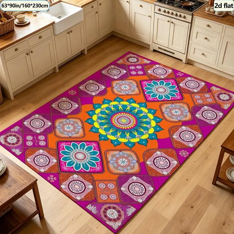 Colorful Mandala Bohemian Floral Diamond Pattern Carpet Washable Carpet Non-Slip Indoor Living Room Bedroom Home Floor Carpet