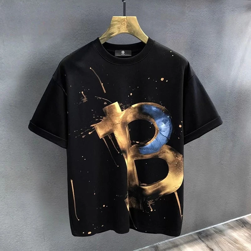 Summer High Street Family Matching T Shirts Splash Ink Printing O-neck Loose Polyester Ins Casual Parent Kids Short Sleeve Tops