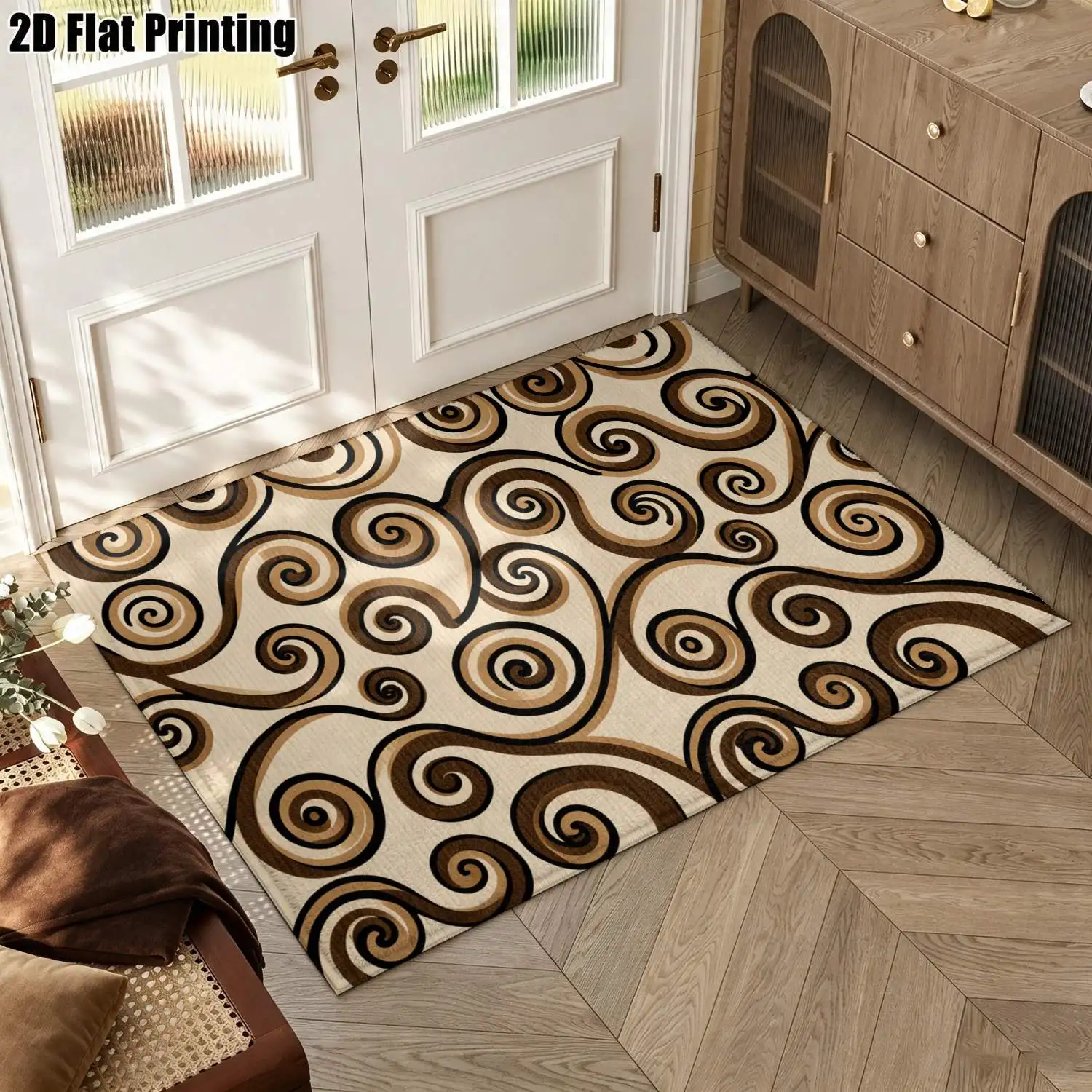 1Pc 2D Printed Carpet with Brown Beige Swirl Patterns Nordic, Modern Minimalist, European Style, Geometric Floor Mats for Home Decor, Multi-Size, Machine Washable, Suitable for Entrance, Dining, Foyer, Bedroom, Living Room.