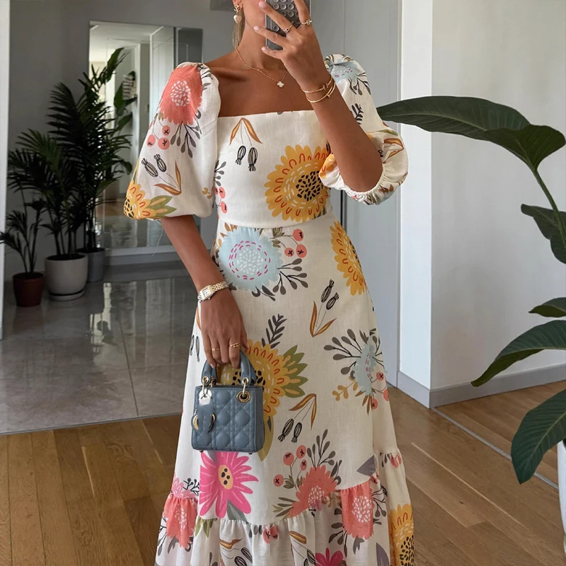 Woman Elegant Square Neck Puff Sleeve Dresses Casual Floral Print Pleated A-Line Long Dress Boho Spliced Backless Vacation Dress