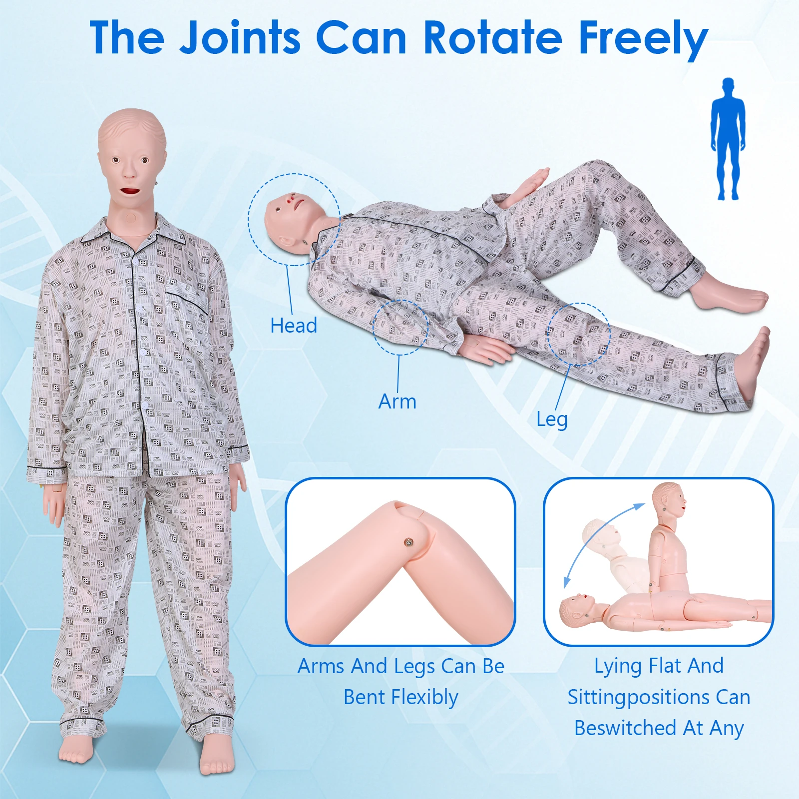 عارضة أزياء للتدريب على التمريض لممارسة التدريس أزياء بشرية من الذكور والإناث CPR مع 3 وحدات للعضلات وثوب المستشفى والمبول