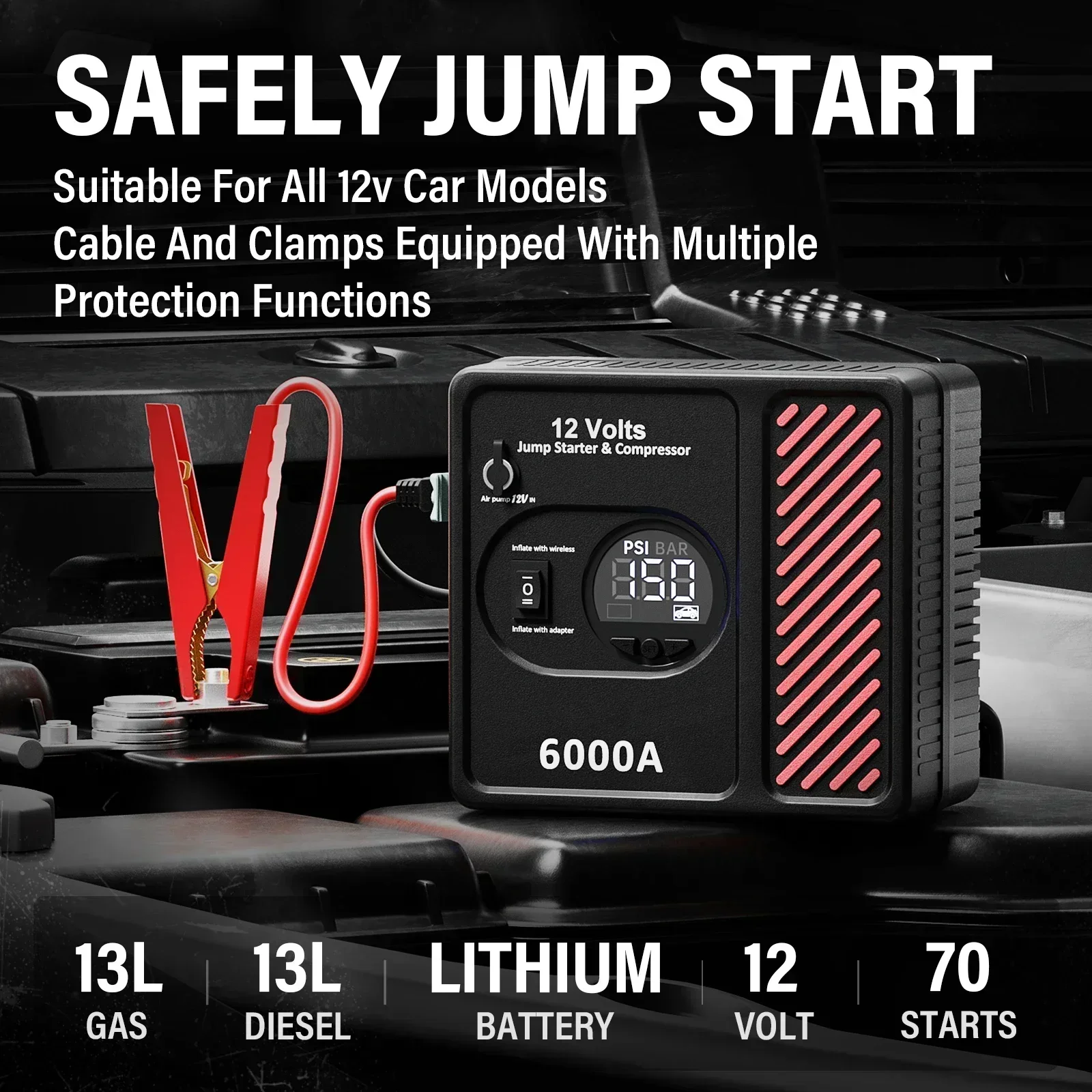 6000A Car Jump Starter with Air Compressor 150PSI Battery Booster 28000mah 12V(Up To 13L Gas/12L Diesel Engine) with LED & USB