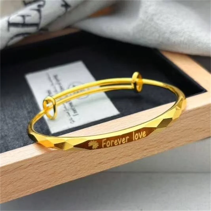 

Золотой браслет 24K Au999 с гравировкой «Вечная любовь» для женщин, гладкий ромбовидный регулируемый браслет с застежкой-трансформером, модный ювелирный подарок