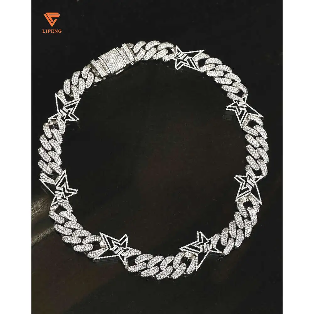 Lifeng Jewelry New15mm Star Cuban Link Chain Necklace Miami Vvs Moissanite Sterling Silver 18k White Gold Plated Cuban Chain