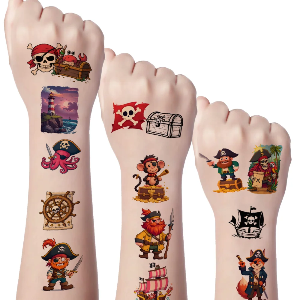 63pcs Temporary Tattoo Pirate Ship Cartoon Skeleton Skull Treasure Chest Temporary Tattoo Stickers Pirate Characters For Arms