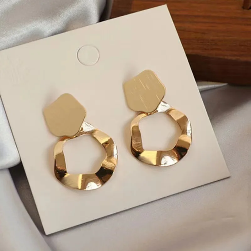 Korean Minimalist Metal Round Drop Earrings for Women Retro Personalized Draw Irregular Geometry Ear Jewelry Trend Accessories