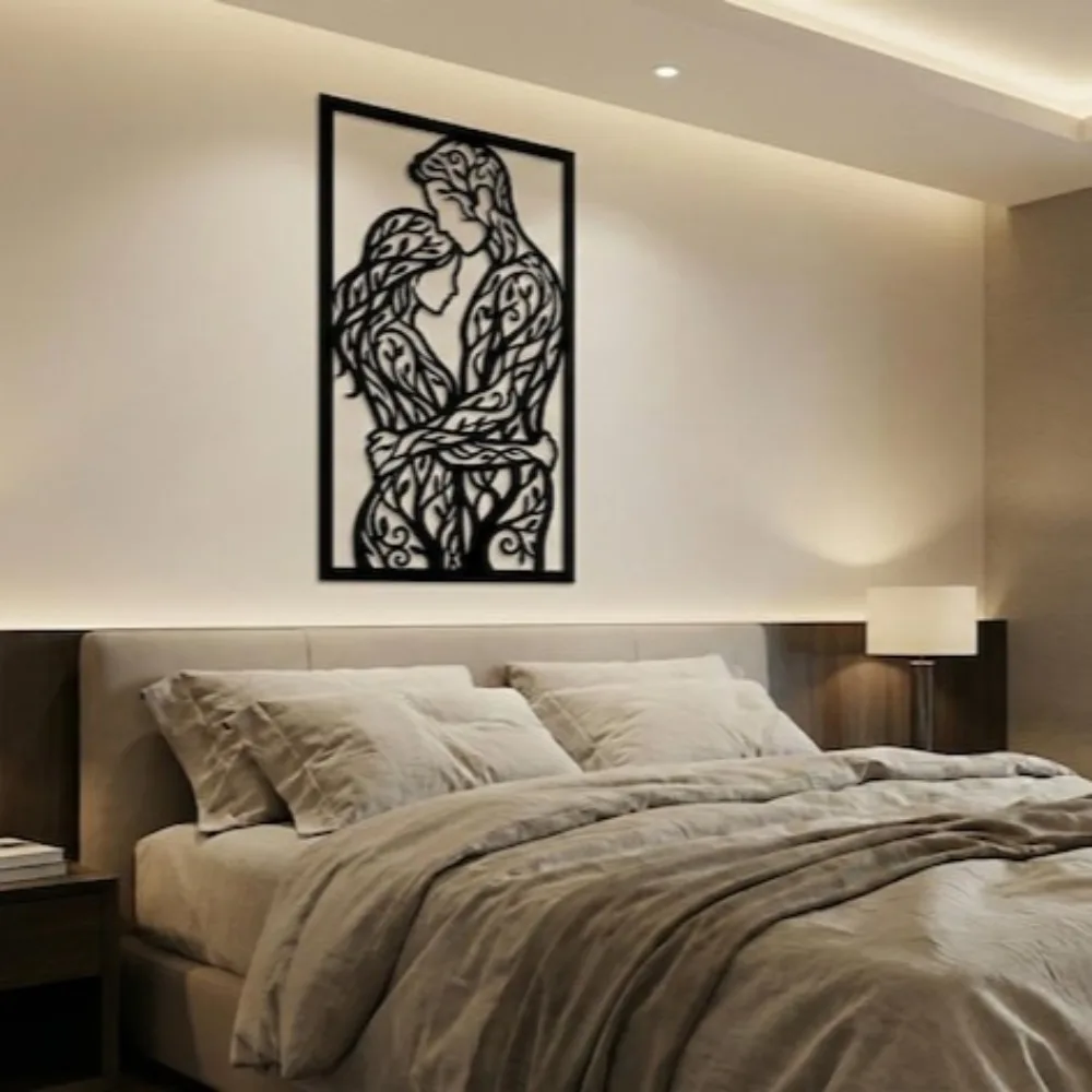 Hugging Lovers Tree Metal Wall Art Iron Romantic Silhouette Laser Cut Sculpture Hanging Mural Love Decor Gift