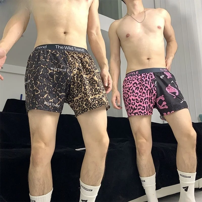 Men\'s Arrow pants Pink Leopard Underpants Home Casual Loose Trendy Ice Silk Four cornered Underwear Men sleeping pants